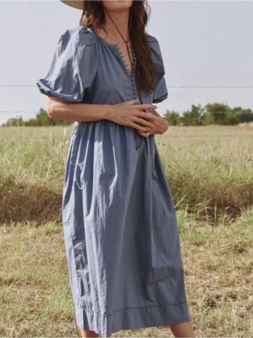 THE GREAT. Dusty Blue Puff-Sleeve Midi Dress